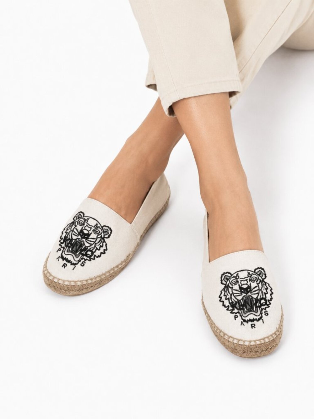 KENZO WHITE GREEN TIGER EMBROIDERED FLAT ESPADRILLE - 39 (7,5 - 8)